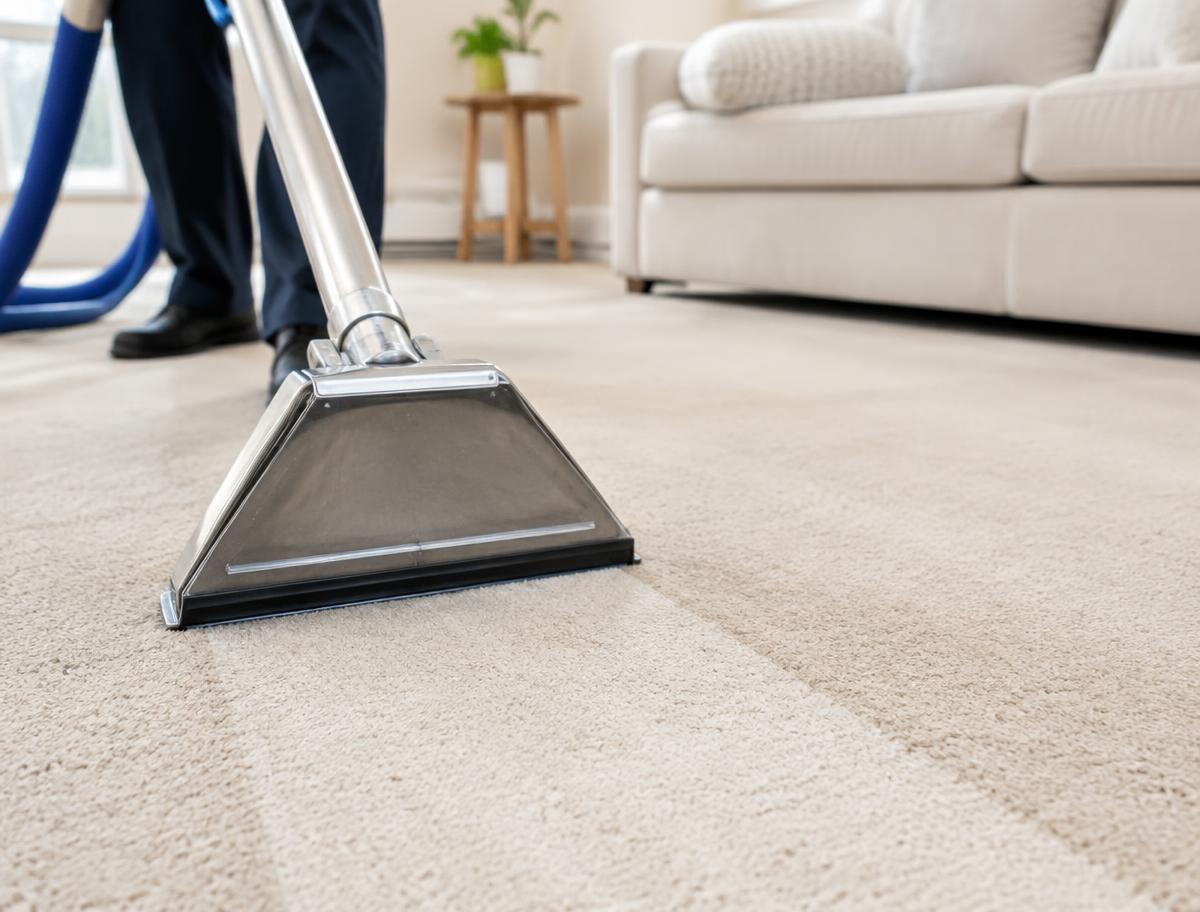 Professional carpet cleaning wand on a beige carpet