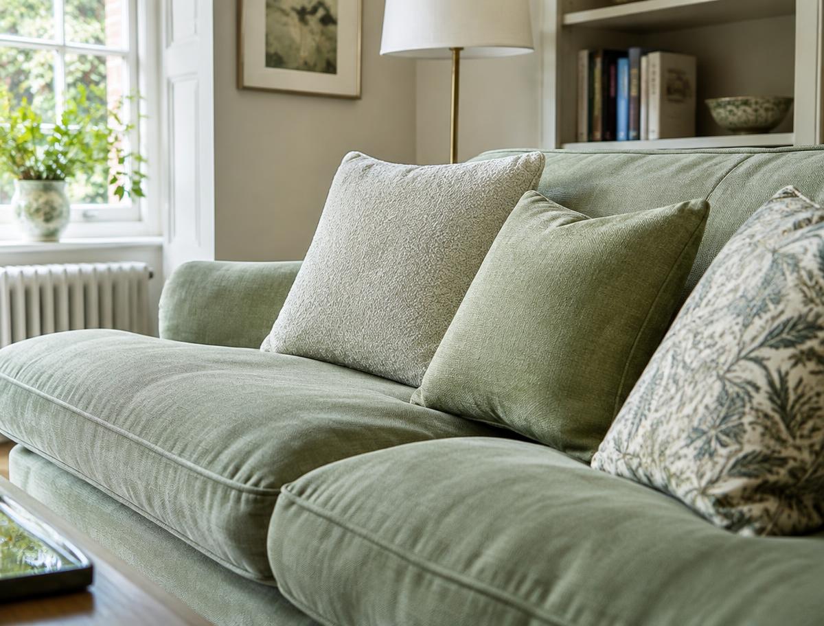 Clean sage green fabric sofa with cushions